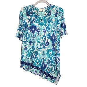 Chicos Womens Tunic Top Medium Blue White Ikat Print Asymmetrical Hem Size 1